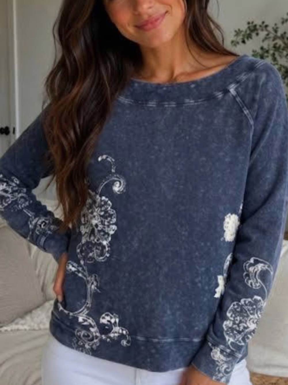 Chico's Blue/Indigo Wide Scoop-neck, Pullover Top with white floral pattern.